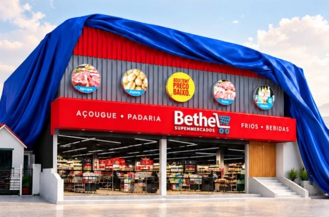 Fachada do Bethel Supermercados coberta por um tecido azul, pronta para a inauguração